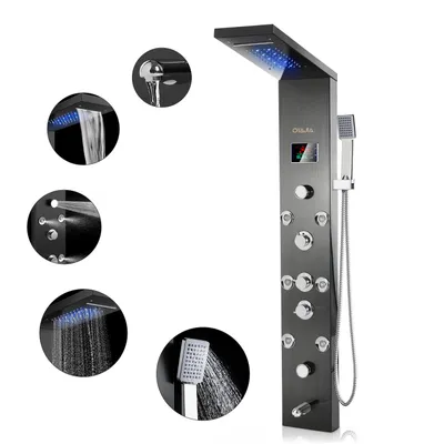 Produktbild von OYAJIA Duschsystem 6209 mit LED Regendusche, 5 Wasserfunktionen, digitale Temperaturanzeige, Wandmontage, Schwarz gebürstet mit Handbrause & Massagedü