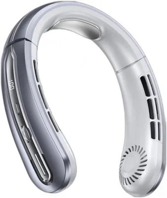 Produktbild von Tragbarer Nackenventilator blattlos, 4000mAh Akku, 100 Stufen, 360° Kühlung, digitales Display, leise, USB-C – Grau