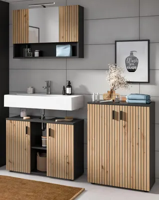 Produktbild von Badmöbel Set 3-teilig "Livia" in Artisan Eiche und grau Badkombination 155 x 180 cm