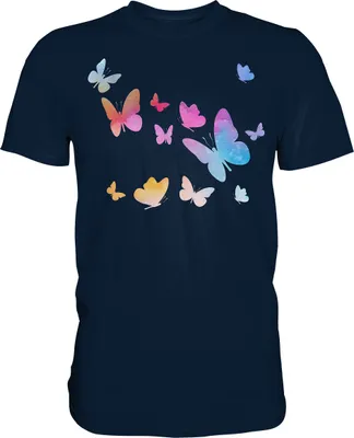 Produktbild von Aquarell Farbenfrohe Schmetterlinge T-Shirt – Navy / S