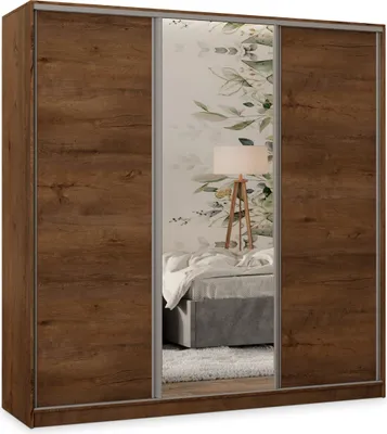Produktbild von Masseno Schiebetürenschrank TARI 200/205/58 cm Kleiderschrank mit 4 Schubladen Schlafzimmer Schrank 3-türig mit Spiegel Eiche Lefkas