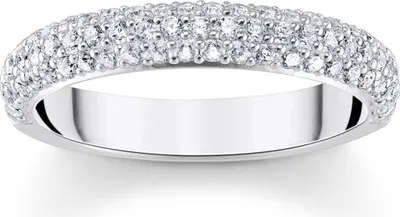A close-up studio shot of a diamond ring on a white background.