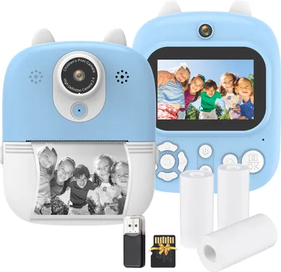 Zdjęcie produktu dla Natychmiastowy aparat fotograficzny dla dzieci, cyfrowy aparat fotograficzny dla dzieci, 1080P, cyfrowa kamera wideo, podwójny obiektyw, 2,4-calowy ekran IPS, wbudowana bateria z kartą TF 32 GB i czytnikiem kart USB, 3 rolki papieru termicznego, smycz, prezent urodzinowy i festiwalowy dla dzieci, chłopców i dziewcząt