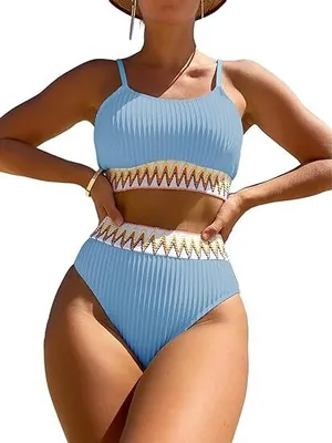 Produktbild von Push-Up-Bikini Damen-Bikini-Set gerippt hoch tailliert Badeanzug Hoch tailliertes geripptes Bikini-Crop-Top Badeanzug-Set, 2-teilig