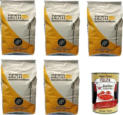 Produktbild von Denti- Farina di Grano tenero tipo "00" Weichweizenmehl Typ „00“. 5x 1000gr + Italian Gourmet polpa 400g