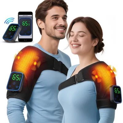 Immagine prodotto di Fascia termica e massaggiante per le spalle Zimilo con 7 livelli di calore, 3 programmi di massaggio e controllo tramite app, batteria da 5000 mAh, massaggio a vibrazione senza fili, nero