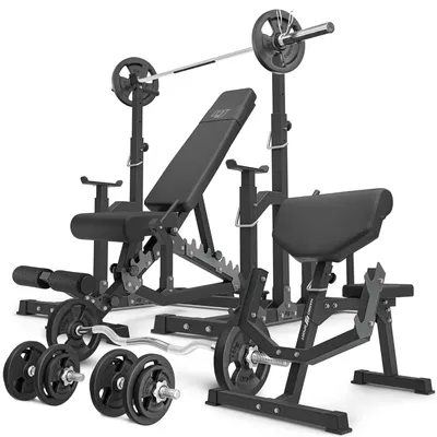 Produktbild von Marbo Sport - Set MS5_2.0_83KG | Doppelseitige Bank + verstellbare Ständer + Scott Bank - mit höhenverstellbaren Armpolster + Stangen- und Hantelscheiben Set 83 kg