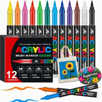 Immagine prodotto di Set di pennarelli acrilici da 12 colori con punta a pennello, resistenti all'acqua, adatti per pietra, vetro, tessuto, legno e Vetroceramica