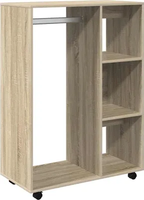 A standalone image of a wooden wardrobe unit with shelves and a hanging rail.