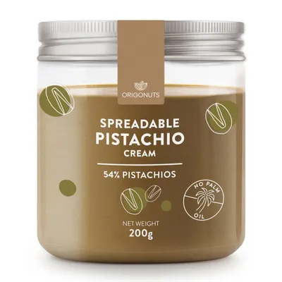 Zdjęcie produktu dla ORIGONUTS, Pasta Pistacjowa 54% Pistacji, Krem Pistacjowy, Mus z Pistacji, 200 g