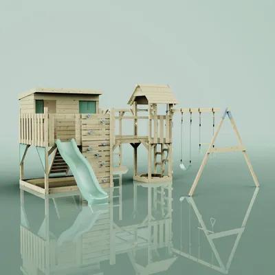 Produktbild von OutdoorToys Spielturm Johanna aus Holz in Grün Trapezschaukel