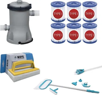 Zdjęcie produktu dla WAYS - Pielęgnacja basenu - Zestaw konserwacyjny Deluxe & pompa filtrująca 2006 L/h & 6 filtrów typu II & szczotka szorująca WAYS