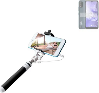 Produktbild von K-S-Trade Selfie Stick kompatibel mit Tecno Pop 5S  Selfiestick kabelgebunden Monopod mit Kabel Stab Stange Selfportrait Handheldstick schwarz 1x