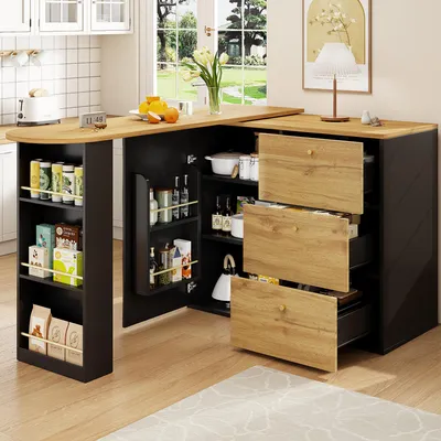 A kitchen island with storage, showing various items like food, drinks, and cookware.