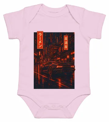 Zdjęcie produktu dla Japoński ramen, sportowy samochód, Tokio, noc, neon, cyberpunk, samochód, czerwony, styl Y2K, JDM, body dla dziecka, różowy, rozmiar 3/6