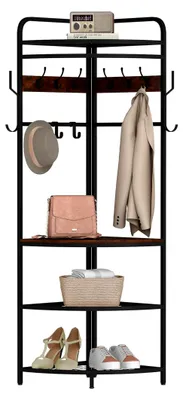 Produktbild von Eckgarderobe mit Regal und Haken, Garderobenständer im Industrie-Stil für Schlafzimmer und Flure aus Holz und Metall