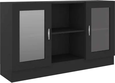 A studio shot of a black sideboard with two glass-fronted cabinets and open shelving in the middle.
