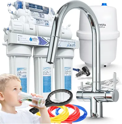 Image de Robinet de cuisine 3 voies Ari Slender avec filtre à eau RO7, osmoseur 7 niveaux, bec pivotant, chromé
