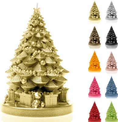Produktbild von Candellana Kerze Weihnachtsbaum mit Geschenken | Höhe: 16 cm | Klassisches Gold | Brennzeit 35h | Weihnachten | Handgefertigt in der EU