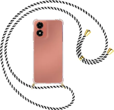 Produktbild von Handykette Backcover-Schutzhülle mit Band (Metall goldfarben) für Motorola Moto G04 / G04s - schwarz/weiß gestreift