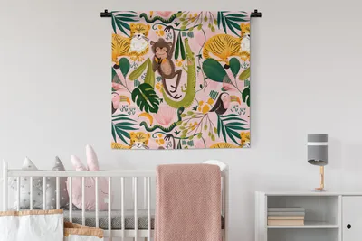 Produktbild von MuchoWow® Wandteppich Wandbehang Dschungel - Tiere - Rosa 90x90 cm Tapisserie Dekoration Wandtuch - Wandaufhänger