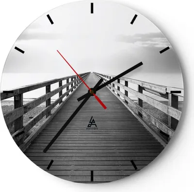 Produktbild von Wanduhr - Rund - Glasuhr - Pier Perspektive Schwarzweiß - 40x40cm - Schleichendes Uhrwerk - Lautlos - zum Aufhängen bereit - Dekoration Modern - Wanddekoration aus Glas - C3AR40x40-4424