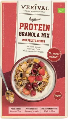 GRANOLA PROTEINOWA Z OWOCAMI CZERWONYMI I KOKOSEM BEZ DODATKU CUKRÓW BIO 300 g - VERIVAL