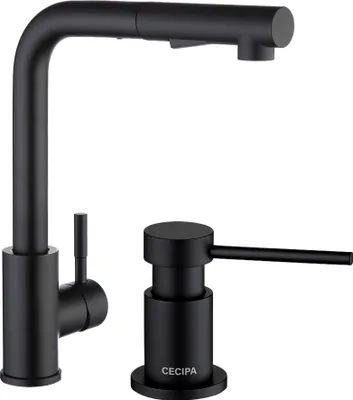 A black kitchen faucet and soap dispenser set against a white background.