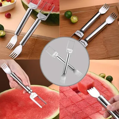 Obrázek produktu pro kráječ na ovoce 2 v 1 z nerezové oceli, vidlička na meloun, dvouhlavá vidlička na ovoce, kráječ na meloun