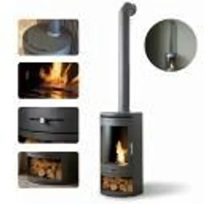 Produktbild von OKO S5 Bioethanol Kamin freistehend Anthrazit 43 x 43 x 195 cm, 3 kW, mit Holzlagerfach & Metall-Deko-Rauchrohr airFLO System