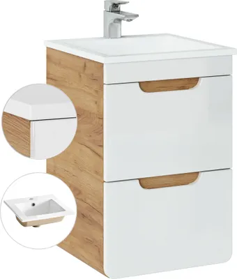 Produktbild von Waschtisch 42 cm mit Keramik-Waschbecken LUTON-56 Hochglanz weiß mit Wotan Eiche Nb. B/H/T ca. 42/60,5/42 cm
