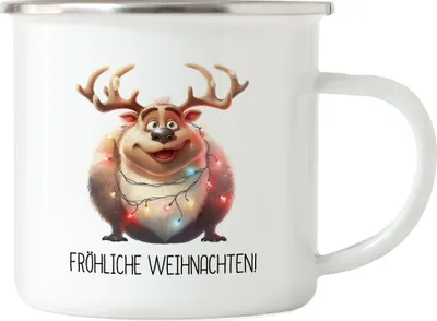 Produktbild von Fröhliche Weihnachten Lustiges Rentier Emaille Tasse Lichterkette Adventsgeschenk