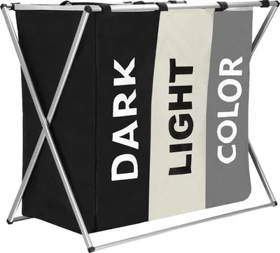 A three-compartment laundry basket with text labels.