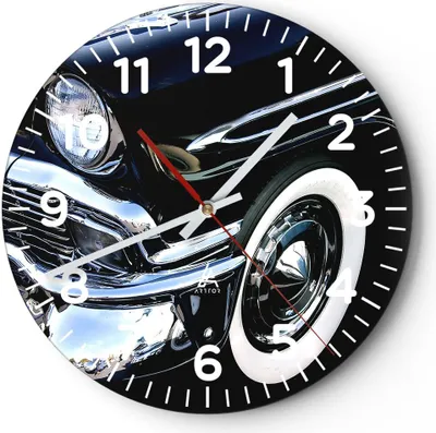 Produktbild von Wanduhr - Rund - Glasuhr - Auto Chrom Kuba - 30x30cm - Schleichendes Uhrwerk - Lautlos - zum Aufhängen bereit - Dekoration Modern - Wanddekoration aus Glas - C4AR30x30-1451