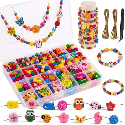 Image de Perles en bois à enfiler, 400 pièces, de couleurs variées, avec fil et aiguilles, kit de loisirs créatifs pour enfants