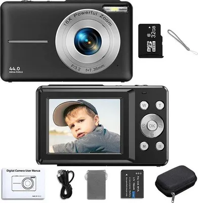 Image de Appareil photo numérique compact pour enfants avec carte Micro SD de 32 Go - Zoom 16x - 44 mégapixels - 1080p - Appareil photo simple pour débutants