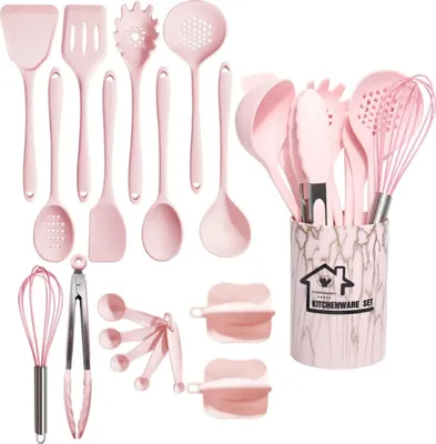 Produktbild von 18-teiliges Küchenutensilien Set Rosa – Silikon Kochgeschirr Set mit Pfannenwender, Spachtel & Messlöffel | Hitzebeständig & lebensmittelecht