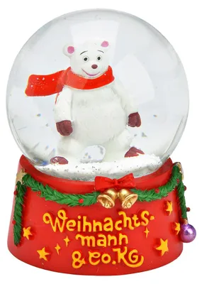 Produktbild von Weihnachtsmann & Co. KG Schneekugel, Schüttelkugel, Glaskugel mit Schnee, Schneekugel Eisbär Balbo aus Glas mit rotem Sockel, Größe L/B/H/Ø Kugel 6,5 x 6,5 x 8,8 cm Ø 6,5 cm.