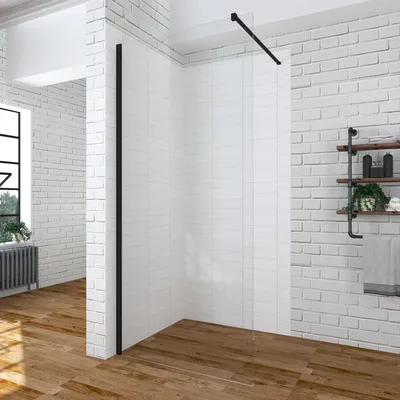 A modern bathroom with a walk-in shower.