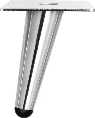 A single chrome furniture leg with a black rubber foot.