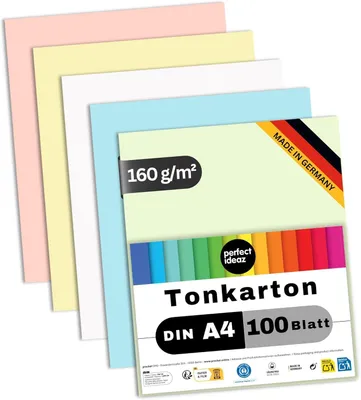 Imagen del producto de Cartulina para manualidades, formato DIN A4, 160 g/m², 100 hojas, 5 colores, material reciclado, ideal para la escuela y proyectos de manualidades