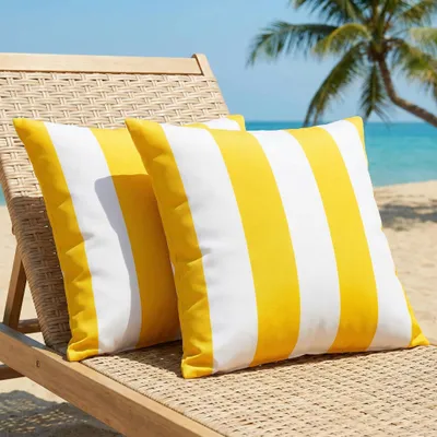 Produktbild von Wasserdichte Outdoor-Kissenbezüge 40x40 cm, 2er-Set, gelb gestreift, moderne Gartenkissenbezüge, Dekokissen für Strand, Sommersofakissen für Sofa, Balkon, Camping