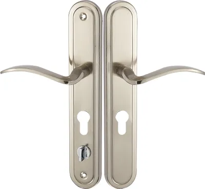 A pair of door handles with keyholes and a lock mechanism, presented against a white background.