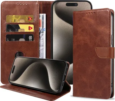 Produktbild von Passend für iPhone 15 Pro Handytasche Kunstleder mit magnetischer Lippe und Kartenhalter Buchhülle mit Klappe - Dunkelbraun - Smartphonics