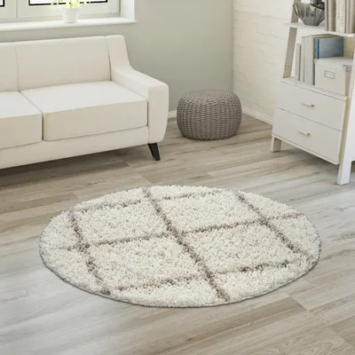 Produktbild von Hochflor Teppich Weicher Wohnzimmer Shaggy Skandinavischer Stil Rautenmuster Grösse Ø 120 cm Rund