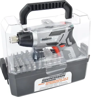 A cordless drill set with multiple bits in a clear plastic case.
