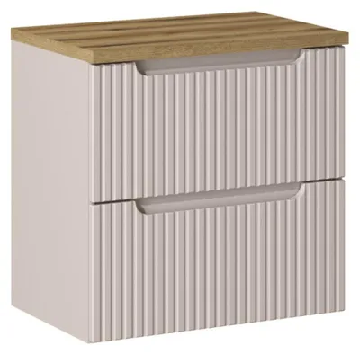 Image de Ensemble de salle de bain VANO cachemire et chêne 60cm : meuble sous vasque à tiroirs rainuré verticalement + plan pour vasque