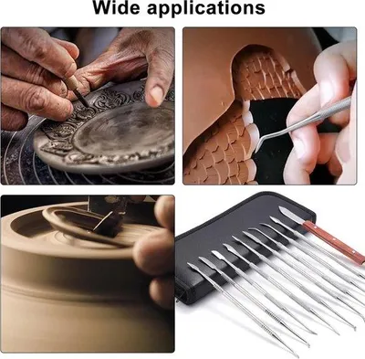 Immagine prodotto di Set da 10 pezzi per la lavorazione dell'argilla — Utensili a doppio taglio in acciaio inossidabile per argilla e Vetroceramica, set fai da te per modellare — Ideale per modellare, rifinire i dettagli e lavorare la Vetroceramica