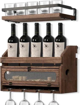Produktbild von Unyqoos® Wand-Weinregal rustikal aus Holz & Metall – hängendes Flaschenregal für 5 Flaschen, 4 Gläser, mit Korkhalter, Wandmontage für Küche & Hausbar