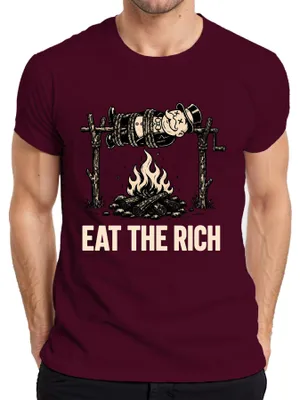Obrázek produktu pro Tričko "Eat the Rich", motiv "Kapitalismus", "Kritika", "Lagerák", "Prohlášení", "Sarkasmus", pánské, barva: vínová, velikost: L
